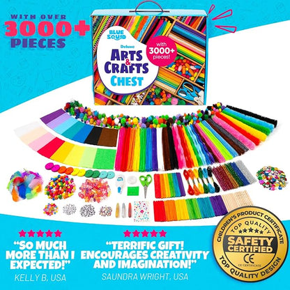 Blue Squid Arts & Crafts Chest - 3000+ pcs Deluxe Craft Supplies Box, 2 Drawers, 18 Compartments, Sturdy Handle - Art Crafting Kit Christmas Gifts for Kids, School Supply for Ages 4 5 6 7 8 9 10 11 12