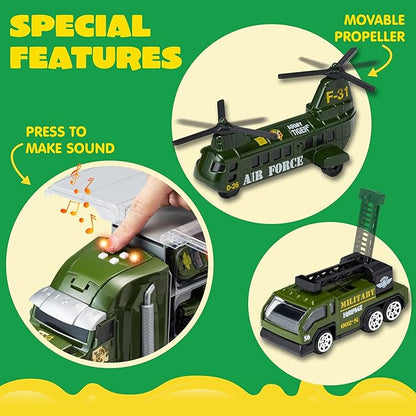 JOYIN 25 in 1 Military Kids Truck Toys for Age 3+, Toddler Boy Toys, Army Men Tanks Set with Soldier Men, Mini Battle Cars in Carrier Truck with Lights and Sounds, Gifts for Grandkids, Easter Basket