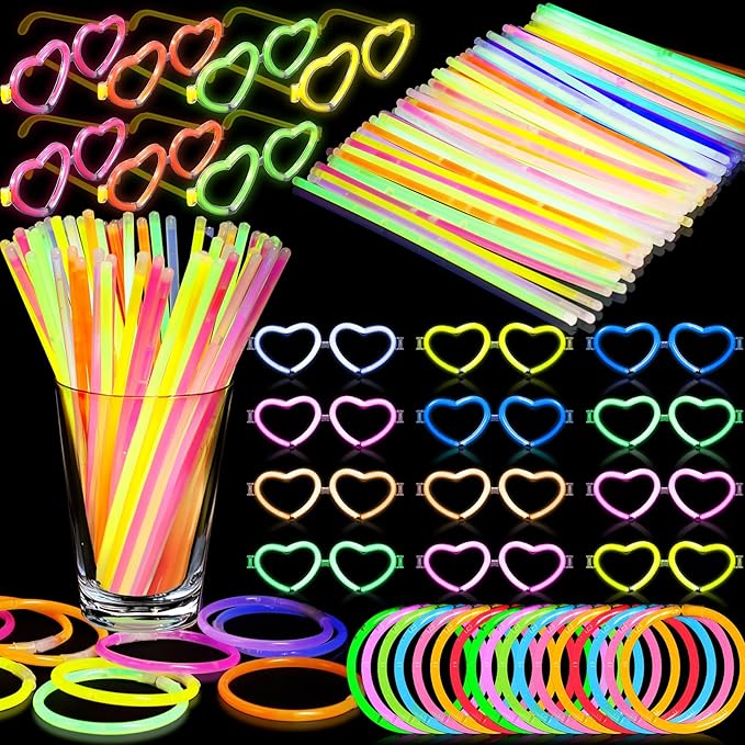 120Pack Glow in the Dark Party Favor,Glow Glasses with 100 8" Glow Sticks Bulk & Connectors,20 Glasses Mode for 20 Glow Heart Glasses 60 Glow Bracelet,8" Glowstick Neon Glow Toys for Kids & Adults