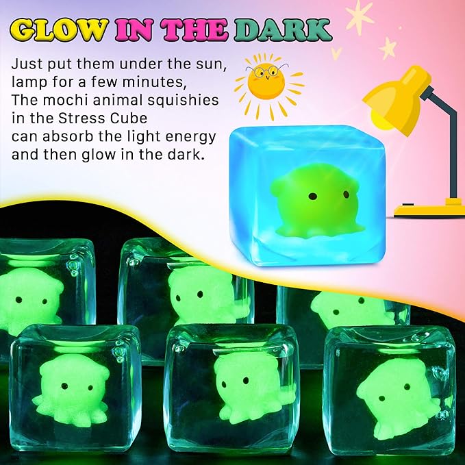 Squishy Stress Cube Fidget Toys Adults - Glow in The Dark Octopus Sensory Toys for Kids with Autism Stress Balls for Kids Squeeze Toys for Anxiety Easter Basket Stuffers