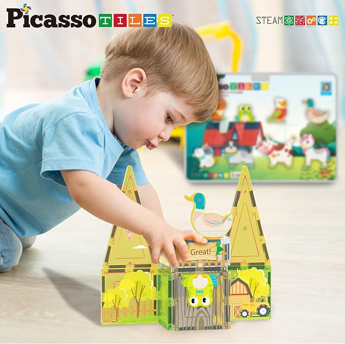 PicassoTiles Magnet Tile Building Blocks 8 Magnetic Farm Animal Action Figures Characters Construction Tiles Compatible Pretend Play Preschool Toy STEM Education Learning Girls Boys Ages 3+ PTA27