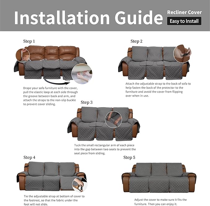 Easy-Going Oversized Recliner Sofa Cover, Reversible Couch Cover for 3 Seat Recliner, Split Sofa Cover for Each Seat with Elastic Straps for Kids, Dogs, Pets (3 Seater, Gray/Gray)