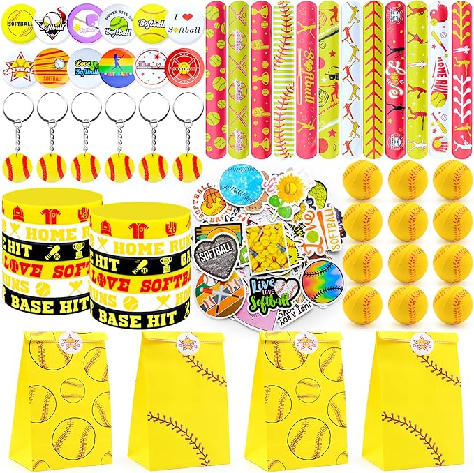 122Pcs Softball Party Favors Softball Goodie Bags Stuffers with Stress Ball Keychain Sticker Badges Silicone Bracelet for Softball Birthday Party Decorations