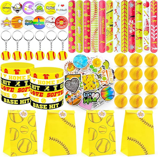 122Pcs Softball Party Favors Softball Goodie Bags Stuffers with Stress Ball Keychain Sticker Badges Silicone Bracelet for Softball Birthday Party Decorations
