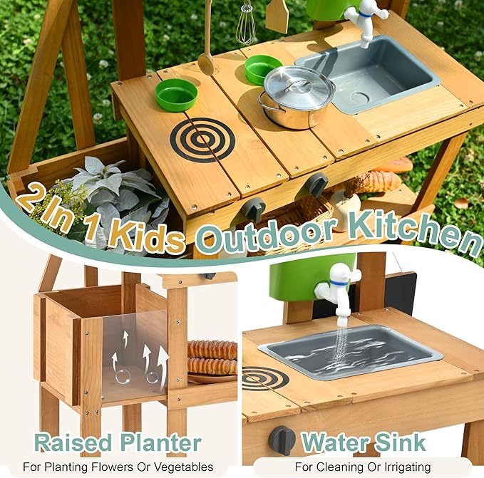 Mud Kitchen for Kids Outdoor, Wood Outdoor Kitchen with Planter Box, Toddler Play Kitchen with Sink, Faucet, Blackboard, Water Cup and Kitchen Accessories for Kids