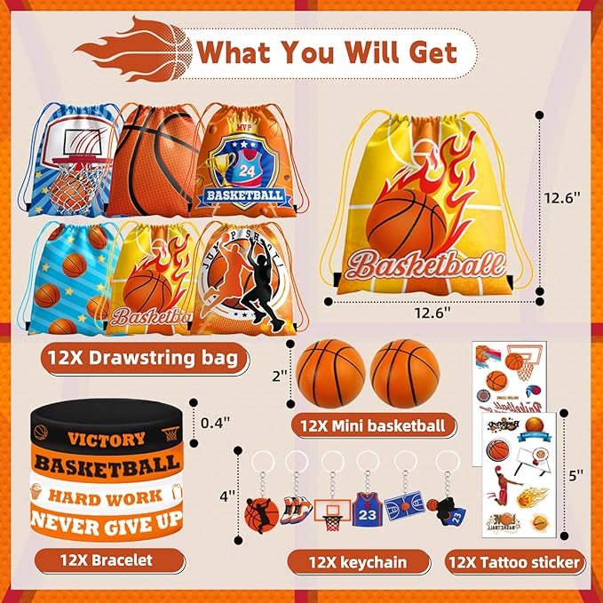 60PCS Basketball Party Favors, Basketball Goodie Bags for Boys Includes 12PCS Basketball Drawstring Bags Bracelet Keychain Tattoo Stickers Mini Basketball for Basketball Birthday Party Supplies