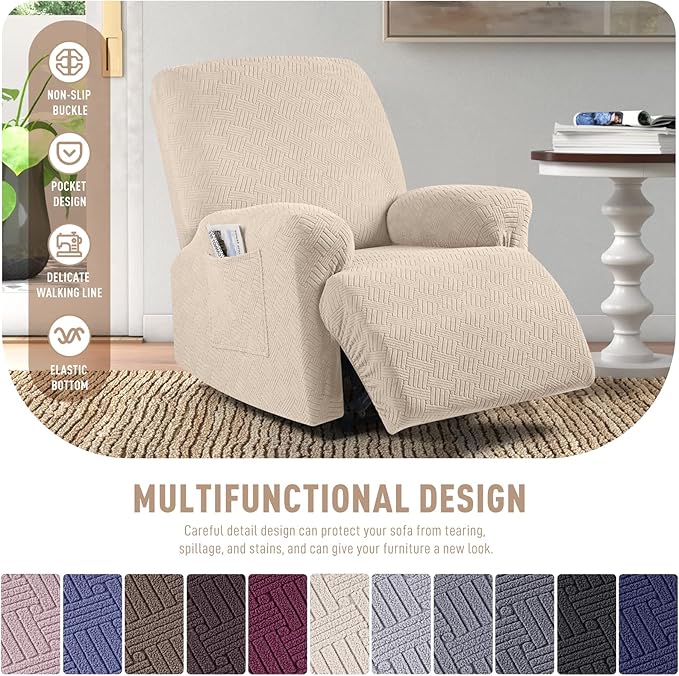 KinCam Recliner Covers, Stretch Reclining Chair Covers, Recliner Sofa Slipcovers Stripe Jacquard Recliner Couch Covers Furniture Protector Covers for Pet Kid (1 Seater, Vanilla)