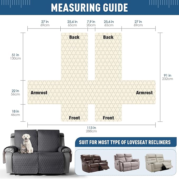 TAOCOCO 100% Waterproof Loveseat Recliner Cover-Recliner Cover with Non-Slip Granule, Recliner Chair Covers with Elastic Band,Washable Recliner Chair/Protector for Pets(Black Gray, 2 Seater)