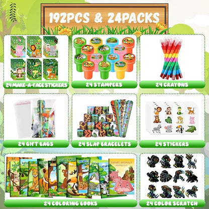 BenLouis 192Pcs Jungle Safari Party Favors Zoo Animals Coloring Books Crayons Sticker Stampers Slap Bracelets Set Bulk Classroom Prizes for Kids Wild One Party Baby Shower Goodie Bags Fillers