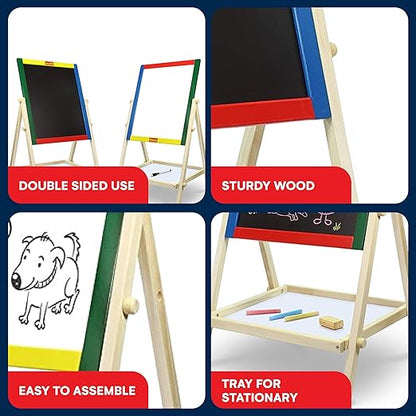 Kidzlane Art Easel for Kids 2-4 - Wooden Toddler Easel - Double Sided Standing Chalkboard/Dry Erase Board for Kids - Toddler Drawing Board with Accessories - 25.75 Inches Blackboard and Whiteboard