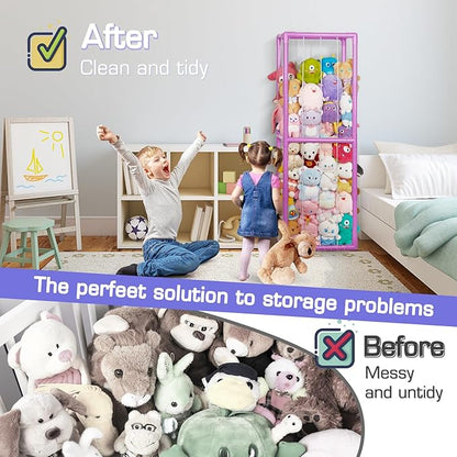 Trycooling Stuffed Animal Storage Zoo Stuffed Animal Holder Space Save Vertical Stuffed Animals Storage PVC with Elastic Band and Net for Playroom Birthday Gift for Bedroom Nursery (Purple 1)