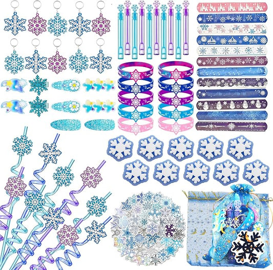 132Pcs Snowflake Party Favors Set Birthday Party Supplies Include 12 Bracelets, 10 Keychain, 10 snowflake squishies,10 wristbands,10 Hair accessories,10 straws,10 Bubble,50 Stickers and 10 Gift bags