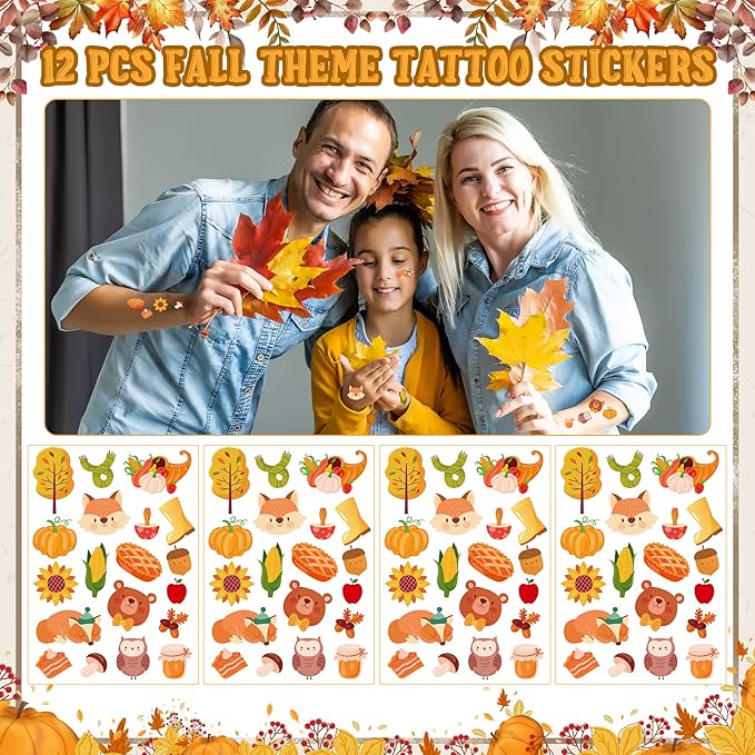 Erweicet Fall Party Favors 72 PCS Autumn Slap Bracelet DIY Stickers Plastic Straws Silicone Bracelets Tattoo Stickers Gift Bags for Kids Fall Harvest Party Classroom Rewards Goodie Bag Filler