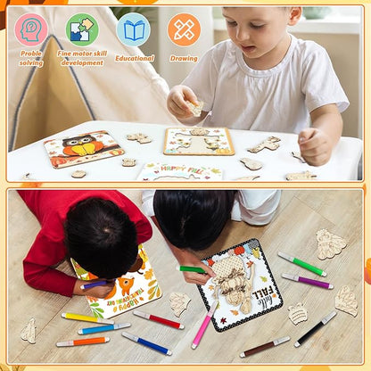 12 Pack Fall Thanksgiving Wooden Puzzles for Toddlers Autumn Puzzles Coloring Craft Kits for Kids Boys Girls Montessori Toys Harvest Party Favors Treat Bag Gifts Educational Learning Jigsaw Puzzle
