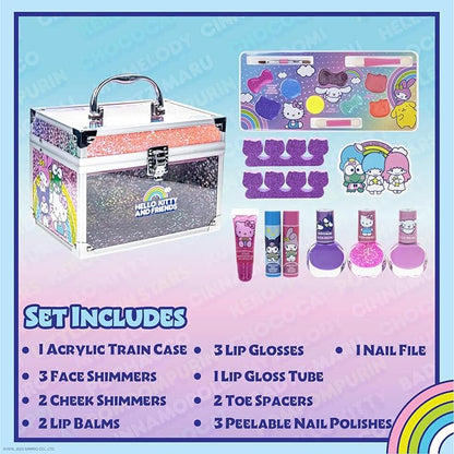 Hello Kitty & Friends - Townley Girl Train Case Makeup Set for Kids, Includes Lip Gloss, Eye Shimmer, Nail Polish, Brushes, and More! Perfect for Parties, Sleepovers, and Makeovers. Non-Toxic, Ages 3+