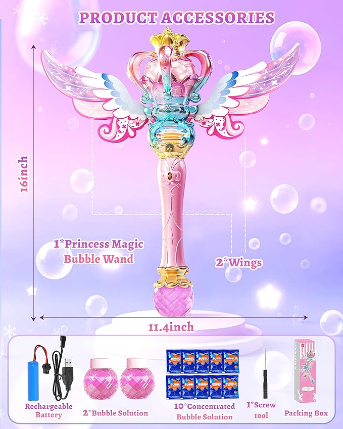 Uregoio Princess Bubble Wand for Girls - Rechargeable Spinning Light Up Magic Fairy Scepter Bubble Machine Toy with 12 Bubble Refills & Music, Easter Birthday Gift for Kids Toddlers Age 3-8 (Pink)