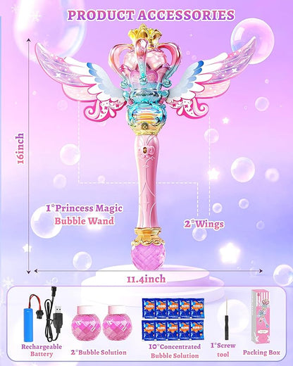 Uregoio Princess Bubble Wand for Girls - Rechargeable Spinning Light Up Magic Fairy Scepter Bubble Machine Toy with 12 Bubble Refills & Music, Easter Birthday Gift for Kids Toddlers Age 3-8 (Pink)