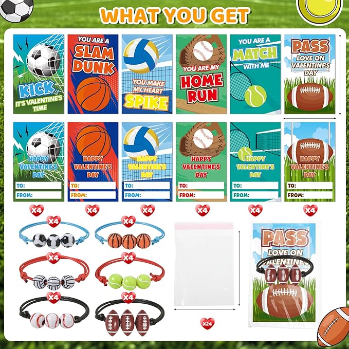 Valentines Day Cards for Kids, 24 Pack Adjustable Sports Charm Bracelets with Valentines Day Cards for Valentine School Party Favors for Kids Boys Girls, Kids Exchange Valentines Day Gifts