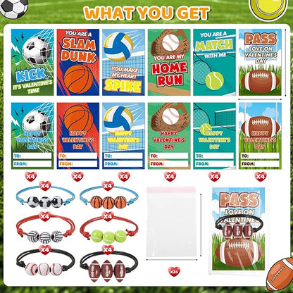 Valentines Day Cards for Kids, 24 Pack Adjustable Sports Charm Bracelets with Valentines Day Cards for Valentine School Party Favors for Kids Boys Girls, Kids Exchange Valentines Day Gifts