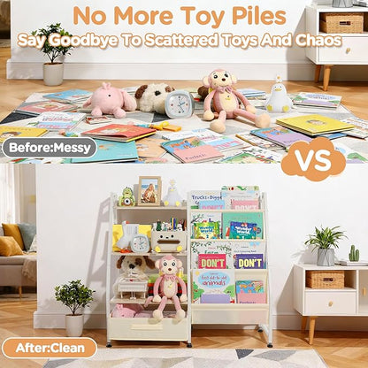 Kids Bookshelf and Toy Storage-Book Shelf for Kids Rooms，Toddler Bookshelf Baby Bookcase with 4 Sling Shelves & Fabric Toy Chest Toy Organizer for Playrooms, Bedrooms, Nursery