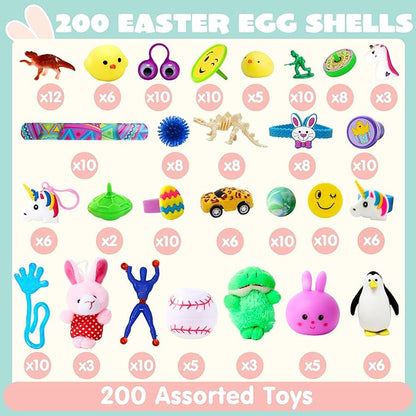 JOYIN 200Pcs Prefilled Easter Eggs with Assorted Toys Plus Stickers Inside, Easter Eggs Filled for Kids, Basket Stuffers, Egg Hunt, Party Favors, Classroom Prize Supplies