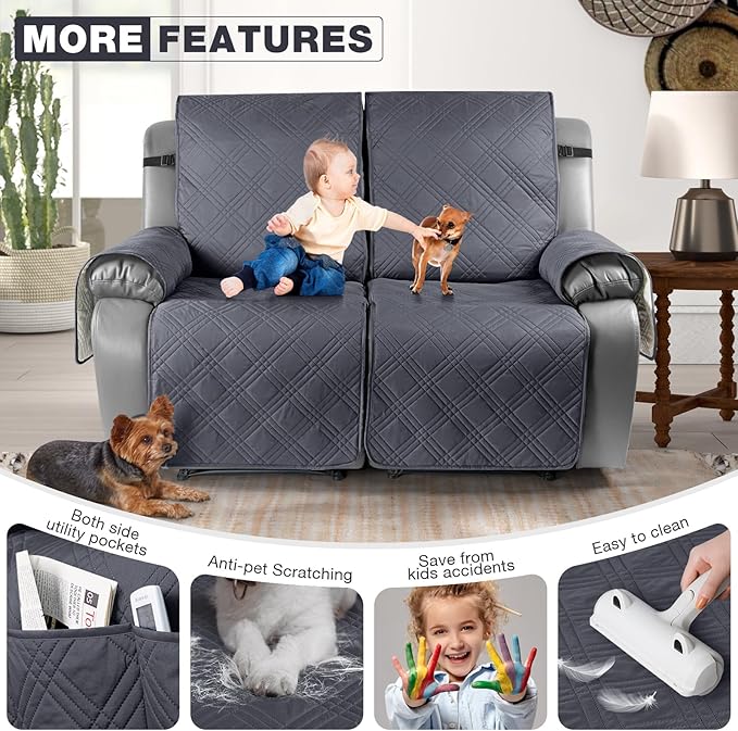TAOCOCO 100% Waterproof Oversized Loveseat Recliner Cover, Non Slip Split Recliner Couch Covers for 2 Cushion Couch with Elastic Straps for Pets Kids(Oversized 2 Seater, Dark Grey)