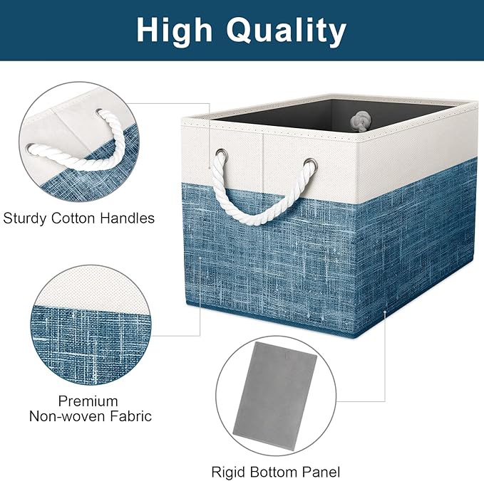 Fab totes Storage Bins [8-Pack], Foldable Storage Baskets for Organizing Toys, Books, Shelves, Closet, Large Storage Box with Rope Handles, Sturdy Organizer Bins, White & Blue
