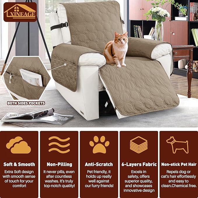 XINEAGE 100% Waterproof Recliner Chair Cover, Non Slip Covers for Recliner Chair with Pocket, Washable Dog Recliner Couch Cover with Elastic Straps (Light Coffee, 28")