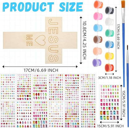 PullCrease Easter DIY Wood Cross Crafts for Kids Religious Craft Kit Sunday School Vacation Bible School Supplies 24 Pack Wooden Cross with Stickers 1 Set Paint(Classic Style)