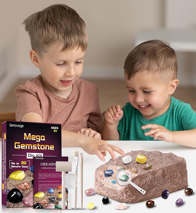 Gemstone Crystal Rocks Dig Kit, Excavate 20 Real Gems Fossils, STEM Geode Toys for Ages 4 5 6 7 8 9 10 11 12 Year Old Kids Girls Boys, Educational Discovery Science Collection Gifts (Purple)