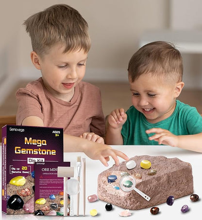 Gemstone Crystal Rocks Dig Kit, Excavate 20 Real Gems Fossils, STEM Geode Toys for Ages 4 5 6 7 8 9 10 11 12 Year Old Kids Girls Boys, Educational Discovery Science Collection Gifts (Purple)