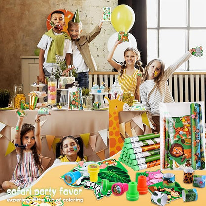 BenLouis 240Pcs Jungle Safari Party Favors Zoo Animals Sticker Stampers Slap Bracelets School Stationery Set Bulk Classroom Prizes for Kids Wild One Party Baby Shower Goodie Bags Fillers