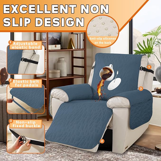 XINEAGE 100% Waterproof Recliner Chair Covers with Elastic Straps, Nonslip Reclining Couch Covers Washable Recliner Couch Cover with Pockets Furniture Protector for Pets Dogs (Berlin Blue, 23")