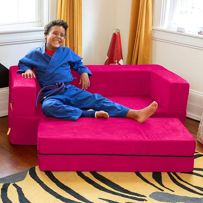 Jaxx Zipline Sofa & Large Ottoman 3 in 1 Fold Out Sofa, Big Kids Edition, Fuchsia, 17454