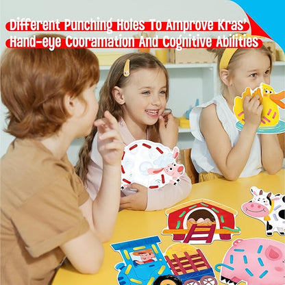 9 PCS Farm Theme Lacing Cards, 9 Double Sided Sewing Cards with 9 Colorful Laces, Imagination Development Lacing Toys Educational and Learning Activity for Preschoolers, Kids