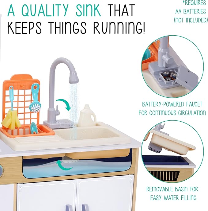 Lil' Jumbl Kids Wooden Natural Color Kitchen Set, Pretend Working Sink with Real Running Water, Includes Range Hood, Microwave & Stove Top, Realistic Sound & Light, Full Accessory Set Included