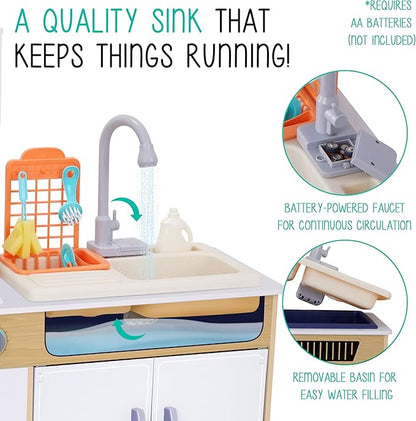 Lil' Jumbl Kids Wooden Natural Color Kitchen Set, Pretend Working Sink with Real Running Water, Includes Range Hood, Microwave & Stove Top, Realistic Sound & Light, Full Accessory Set Included