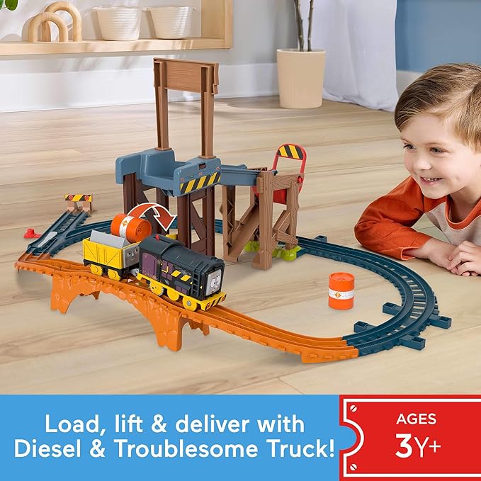 Thomas & Friends Motorized Toy Train Set Diesel’s Lift & Load Construction with Track & Cargo for Preschool Kids Ages 3+ Years