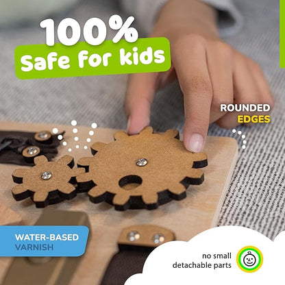 Busy Board Montessori Toys for Toddlers, Sensory Wooden Toy with 10 Preschool Learning Activities for Fine Motor Skills, Educational Plane and Car Travel Toy for Toddlers Boys and Girls