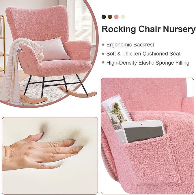 VECELO Rocking Chair Nursery Teddy Upholstered Glider Rocker with High Backrest, Padded Seat, Side Pocket, for LivingRoom, Bedroom, Baby Room