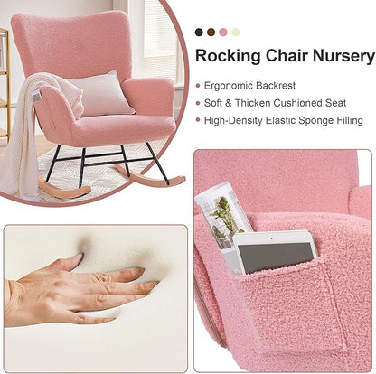 VECELO Rocking Chair Nursery Teddy Upholstered Glider Rocker with High Backrest, Padded Seat, Side Pocket, for LivingRoom, Bedroom, Baby Room