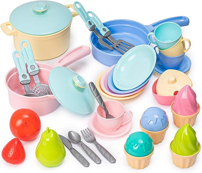 TECHNOK Kids Play Kitchen Accessories - 49 Pcs Play Dishes Cookware Set - Large Toy Pots and Pans for Kids Kitchen Pretend Dishes - Play Food Set - Cooking Utensils - Toy Cooking Set for Girls Boys 3+