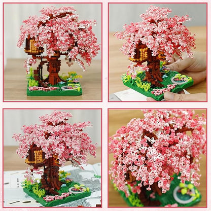 Peach Blossom Pond Micro Building Blocks Set Toys for Kids and Adults, Mini Cherry Bonsai Tree House with LED String Lights DIY Japanese Sakura Street Model Chinese Bricks Architecture Kit Teens Gift