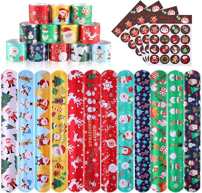 Lumiparty 60 PCS Christmas Kid's Slap Bracelets, Slap Bands,Snap Bracelets,Party Favors Pack with Snowflakes,Santa Claus,Snowman for Kids Valentines Gift Classroom Exchange with 4 Sheets Sticker.