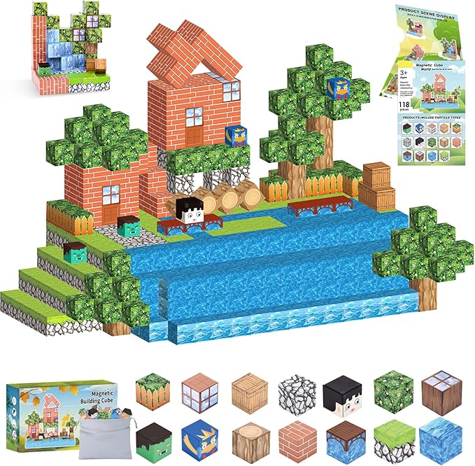Ludmila 118PCS Magnetic Building Blocks Toy Set - Montessori STEM Toys, Forest House Construction Kit, 1-Inch Magnetic Cube Sensory Tiles for Kids Boys & Girls Ages 3+