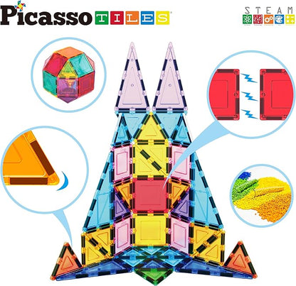 PicassoTiles Magnet Tile Building Block Set Magnetic Construction Square Triangle Tiles Toy Kit Sparking Creativity Geometric Shapes STEM Educational Learning Brain Development Kids Ages 3+ PB36