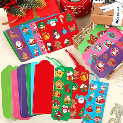 JUNEBRUSHS 30 Sets Christmas Craft Kits, DIY Christmas Bookmarks Craft with Assorted Snowman Santa Gingerbread Stickers Christmas Ornament Crafts Classroom Activities Party Favors