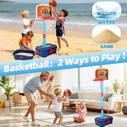 4 in 1 Kids Basketball Hoop and Tball Set for Toddlers 3+, Adjustable Basketball Stand, Hanging Tee Baseball Toy Set, Portable Indoor Outdoor Sports Toys, Birthday for Boys Ages 3-8