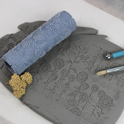 Sunflower Fields Clay Texture Roller (4") - Seamless Meadow Set #01 - Embossing Pattern Roller for Polymer & Ceramic Clay, Pottery & Crafts
