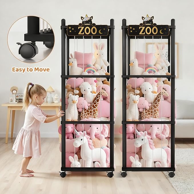 Stuffed Animal Storage Zoo Tower,56In Wooden Large Stuffed Animal Holder Organizer with Wheels,Stuffy Plushies Storage with Elastic Band&Mesh Bottom,Toy Storage Organizers for Playroom Nursery（Black）